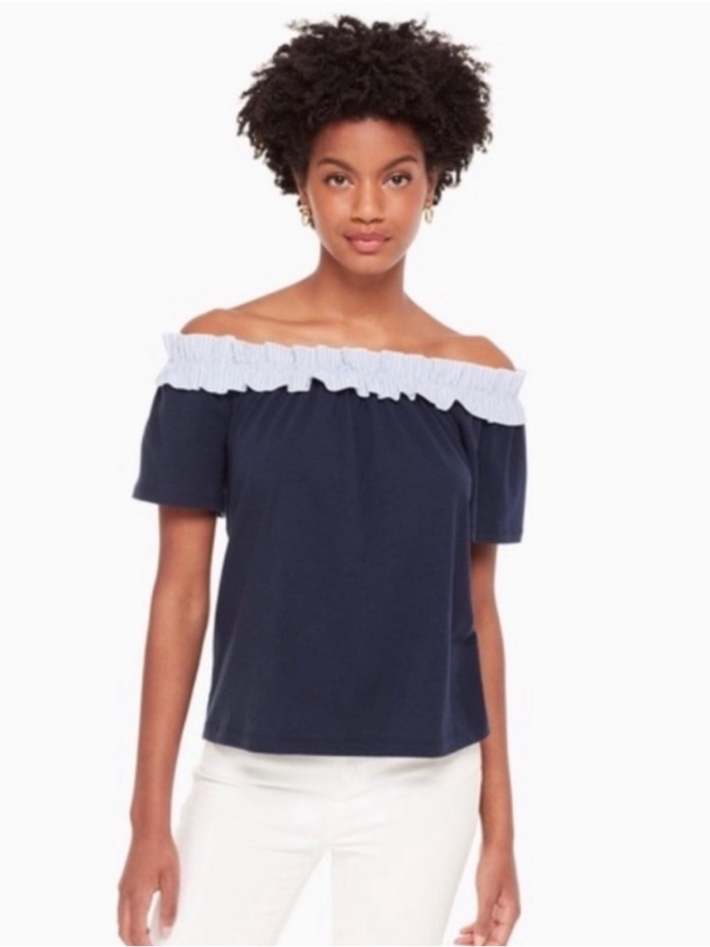 Kate Spade Off-the-Shoulder Ruffle Top in Navy and Light Blue